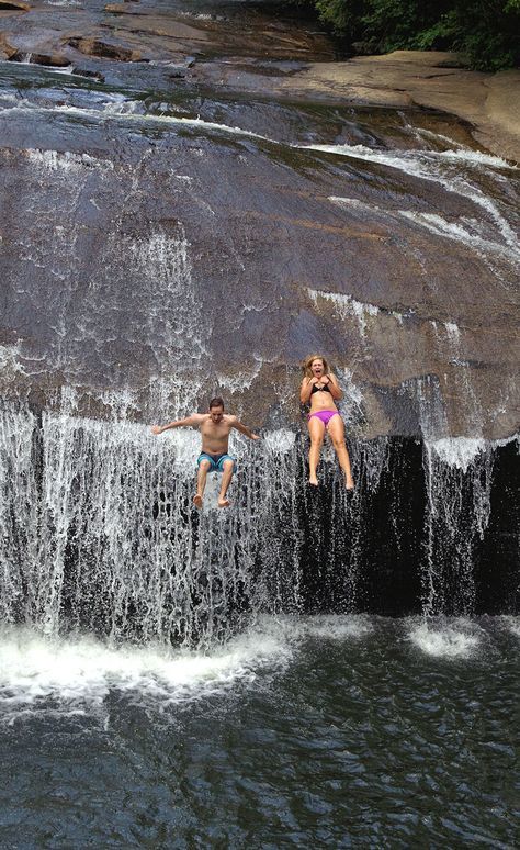 Turtleback Falls - a natural water slide in Pisgah National Forest in the North Carolina mountains near Asheville. Info: https://www.romanticasheville.com/turtleback-falls Natural Water Slide, Gorges State Park, Carolina Mountains, North Carolina Travel, Pisgah National Forest, Nc Mountains, North Carolina Mountains, Duluth Mn, Appalachian Mountains