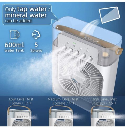 The 4-in-1 Portable Air Cooler combines air conditioning, fan, humidifier, and LED mood light functions in one device. With 3 wind speeds, 3 humidifier modes, and a large water tank, it provides customized comfort for 2.5-12 hours. It has a timer function, night light, and Type-C charging port, making it easy to use and suitable for indoor and outdoor use. The compact design makes it perfect for use in various settings, providing instant cooling and fresh air on hot days. Air Cooler, Cooling Fan, Air Conditioner, Mist, Spray, Conditioner, Fan, Led