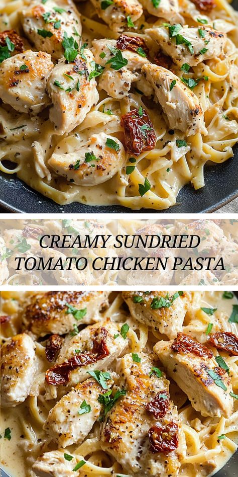 Ingredients:  2 tablespoons olive oil 2 boneless, skinless chicken breasts, sliced Salt and pepper to taste 1 teaspoon garlic powder 1 teaspoon dried basil 1 teaspoon paprika 1 cup sundried tomatoes in oil, drained and chopped 3 cloves garlic, minced 1 cup heavy cream 1 cup chicken broth 1/2 cup grated Parmesan cheese 8 oz pasta (penne or fettuccine recommended) Fresh basil or parsley, for garnish Garlic Sundried Tomato Pasta, Chicken Recipes Sundried Tomatoes, Chicken And Sundried Tomato Recipes Penne Pasta, Chicken Pasta Sundried Tomatoes Recipes, Sundried Tomato Pasta Chicken, Creamy Sundried Tomato Chicken Pasta, Chicken Pasta With Sun Dried Tomatoes, Chicken Sundried Tomato Pasta, Chicken With Sundried Tomatoes