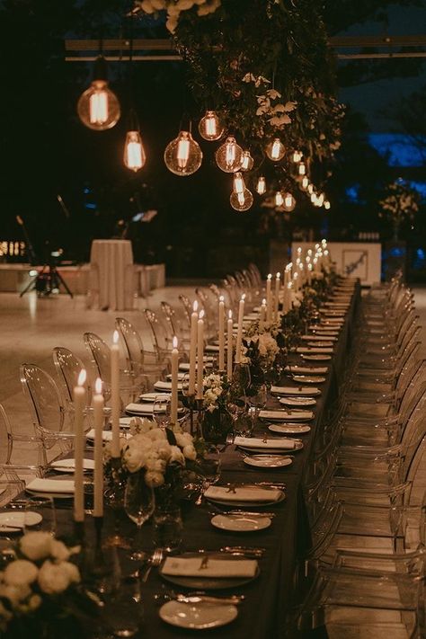 Wedding Table Lighting, Long Table Wedding, Wedding Candles Table, Wedding Reception Lighting, Indoor Wedding Receptions, Romantic Wedding Receptions, Indoor Chandelier, Romantic Table, Indoor Reception