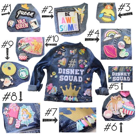 Disney Jean Jacket, Denim Patches Diy, Jean Jacket With Patches, Miss Me Outfits, Disney Buttons, Jacket With Patches, Jean Jacket Patches, Disney Cast Member, Disney Jacket