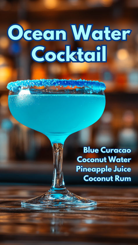 Ocean Water Cocktail Ocean Water Cocktail, Coconut Rum Cocktails, Boozy Recipes, Water Cocktails, Cocktail Cards, Bartender Drinks Recipes, Ocean Stuff, Special Drinks, Pretty Alcoholic Drinks