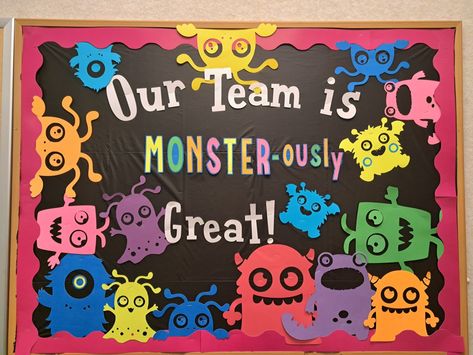 Color Monster Bulletin Board, Monsters University Classroom Theme, Monster Mash Bulletin Board, Monster Door Decorations Classroom, Monster Bulletin Board Ideas, Monsters Inc Bulletin Board Ideas, Halloween Bulletin Boards For Elementary, Monster Door Decoration, Monster Bulletin Boards