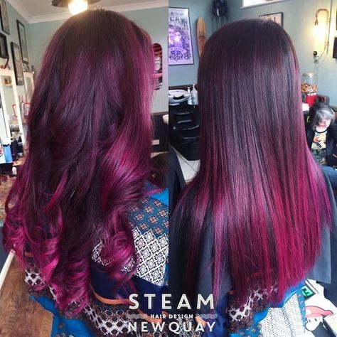 Crazy Hair Colors For Brunettes, Vibrant Balayage, Mulberry Hair Color, Magenta Balayage, Mulberry Hair, Ombre Brunette, Berry Hair, Steam Hair, Red Balayage Hair