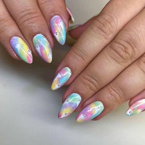 Obsidian Nail Studio on Instagram: "Fun colorful watercolor tie dye nails, but throw some ghosts on it bc it’s spooky nail szn 👻🌸 #halloweennails" Spooky Pastel Nails, Pastel Ghost Nails, Pastel Spooky Nails, Spooky Summer Nails, Pastel Halloween Nails, Pastel Goth Nails, Lesbian Flag Colors, Spooky Nail, Watercolor Tie Dye