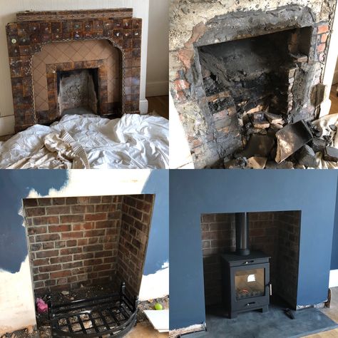 New fireplace. Logburner. Room update. Transformation. Log Burner 1930s Living Room, Fireplace Transformation, 1930s Living Room, 1930s Design, Woodburning Stove, Log Burner, Fireplace Inserts, Utility Rooms, Utility Room