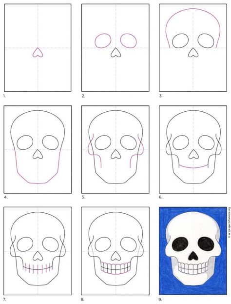 How to Draw a Skull · Art Projects for Kids Skeleton Art Drawing Easy Step By Step, Scary Halloween Drawings Easy, How To Draw A Skeleton Step By Step, Easy Halloween Drawings Step By Step, Halloween Drawings Step By Step, How To Draw Halloween, How To Draw A Skull, Skull Tutorial, Draw A Skull