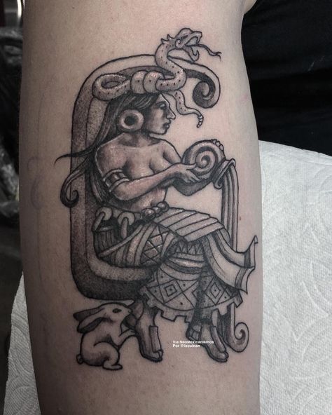 Mayan Serpent God Tattoo, Mexican Mermaid Tattoo, Guatemala Inspired Tattoo, Mayan Tattoos For Women Goddesses, La Loteria Tattoo, Ixchel Goddess Tattoo, Mayan Woman Tattoo, Mexican Back Tattoo Women, Mexican Goddess Tattoo