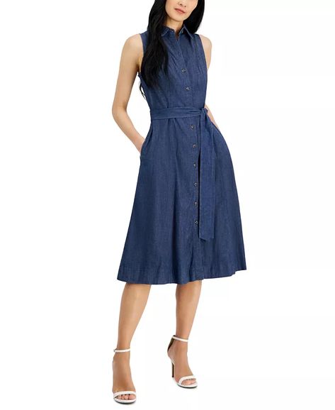 Anne Klein - Women's Sleeveless Denim Midi Shirtdress Chic Mid-length Cotton Denim Dress, Chic Denim V-neck Dress With Pockets, Chic Summer Denim Dress With V-neck, Chic V-neck Denim Dress With Pockets, Chic V-neck Cotton Denim Dress, Anne Klein, Jeans Dress, Buy Online, Dresses