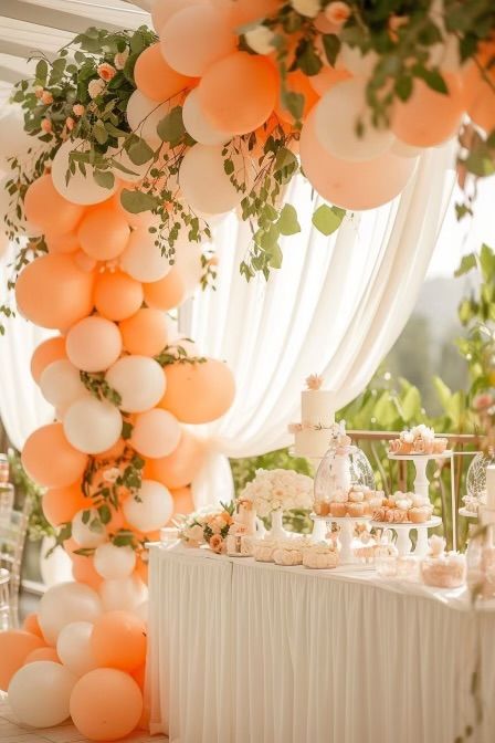 Peach Color Party Decorations, Peach Brunch Decor, Bridal And Baby Shower Combined, Sweet Little Peach Baby Shower Decor, Combined Baby Shower Ideas, Baby Shower Peach Theme, Peach Bridal Shower Ideas, Sweet Peach Baby Shower Theme, Sweet As A Peach Baby Shower Ideas