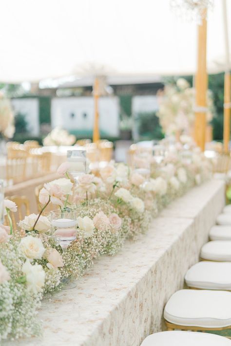 Head table pale pink and white flower runner with babies breath and roses. Charleston destination wedding reception decor. Charleston destination wedding photographer. Long Tables Wedding Reception, White Peony Wedding, Pink Fall Wedding, Fall Destination Wedding, Baby's Breath Wedding Flowers, Head Table Wedding Decorations, Save Wedding, Downtown Charleston Sc, Pink Roses Wedding