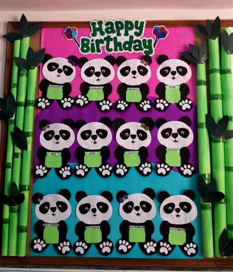 Birthday pandas board Panda Birthday Board Classroom, Birthday Board For Preschool, Panda Bulletin Board Ideas, Bear Classroom Decorations, Panda Classroom Theme, Birthday Charts For School, Birthday Charts For Kindergarten, Birthday Charts For Preschool, Birthday Chart For Preschool