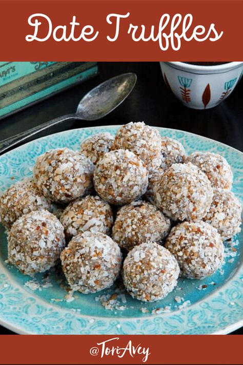 Date Truffles - All Natural Bite-Sized Treats with Toasted Coconut, Almonds and Orange Blossom Water. | ToriAvey.com #healthy #snack #glutenfree #dessert #TorisKitchen Simple Sweet Snacks, Gluten Free Kosher Recipes, Avery Recipes, Date Truffles, Sukkot Recipes, Coconut Almonds, Biblical Feasts, Rosh Hashanah Recipes, Salty Sweet Snacks