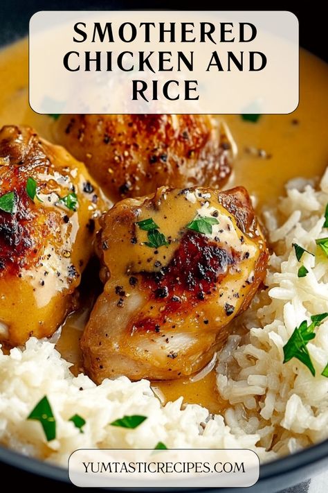 Treat your family to this creamy, flavorful Smothered Chicken and Rice! Juicy chicken smothered in a rich gravy, served over tender, fluffy rice, makes for the ultimate cozy meal. Click to get the recipe and enjoy a taste of comfort tonight!

#ComfortFood #ChickenAndRice #EasyDinnerIdeas #FamilyFavorites #SouthernCooking Bone In Chicken Thigh And Rice Recipes, Southern Smothered Chicken And Rice, Chicken Rice Gravy Recipes, Chicken Rice And Gravy Recipe, Rice Gravy Recipes, Chicken Tenderloin And Rice Recipes, Chicken Thighs And Rice Oven, Chicken Thigh Rice Recipes, Rice And Gravy Recipes