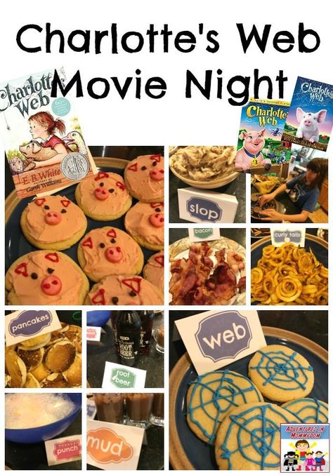 Charlotte's web movie night Charlotte's Web Craft, Charlottes Web Movie, Charlottes Web Activities, Charlotte's Web Book, Family Movie Night Themes, Disney Themed Movie Night, Disney Movie Night Food, Disney Movie Night Dinner, Web Movie