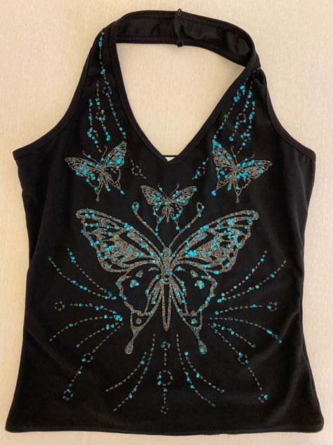 Y2k Rhinestone Top, 2000 Tank Top, Aesthetic 00s, Kawaii Butterfly, Y2k 2000s Aesthetic, Cute Summer Fits, 2000s Tops, Romantic Fashion, Butterfly Fashion