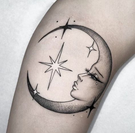 Face In Moon Tattoo, Half Moon Face Tattoo, Moon Tattoo With Face, Moon With Face Tattoo, La Luna Tattoo, Moon Face Tattoo, Quirky Tattoos, Esoteric Tattoo, Swing Tattoo