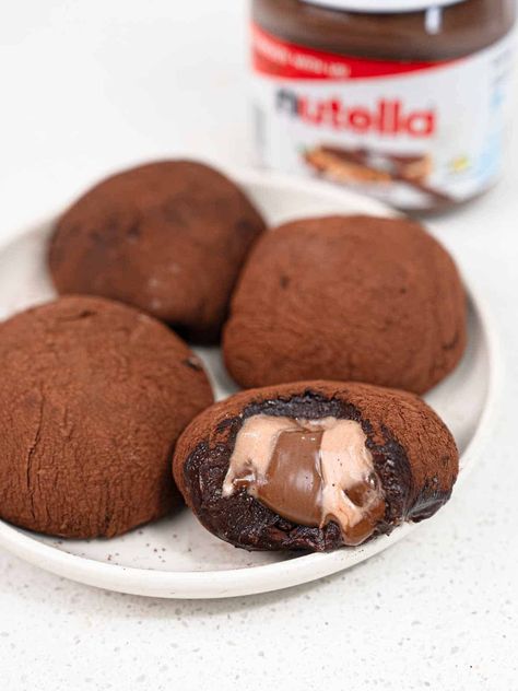 NUTELLA MOCHI Nutella Mochi, Catherine Zhang, Creamy Chocolate, Japanese Sweets, Chocolate Caramel, Gluten Free Chocolate, Chocolate Hazelnut, Heavy Cream, Cocoa Powder