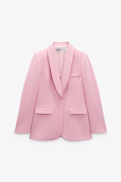 Zara Blazer with Tuxedo Collar in Pale Pink Long sleeve jacket with tuxedo c... Tuxedo Collar, Mid Waist Pants, Printed Short Dresses, Pink Suit, Pantsuits For Women, Pink Coat, Pink Blazer, Red Pants, Red Coat