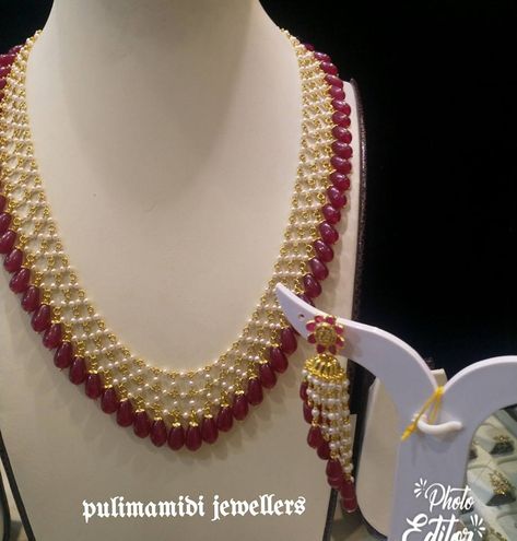 Pulimamidi Jewellers, Earrings With Beads, Pearl Jewelry Design, Gold Jewelry Simple Necklace, Pearl Necklace Designs, Beaded Necklace Designs, Black Beaded Jewelry, Gold Bride Jewelry, Indian Jewelry Sets