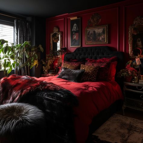 Fluffy textures, animals, prints, dark and moody <3 Modern Victorian Bedroom, Dark Modern Bedroom, Gothic Decor Bedroom, Gothic Bedroom, Victorian Bedroom, Moody Bedroom, Dark Home Decor, Bedroom Red, Dream Room Inspiration