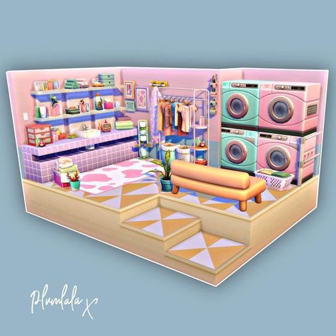 Sims Laundry Room, Sims 4 Laundry Room Ideas, Sims 4 Laundromat, Sims 4 Teen Room, Sims 4 Laundry Room, Sims Layout, Sims4 Builds, Cozy Gamer, Loft Designs