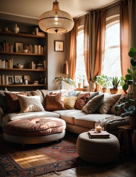 Boho House Decor Minimalist, Cozy Textured Living Room, Earthy Living Room Designs, Traditional Eclectic Decor Living Room, Earth Tone Home Aesthetic, Cottage Apartment Aesthetic, Modern Warm Home Aesthetic, Warm Eclectic Living Room, Warm Home Aesthetic Living Room