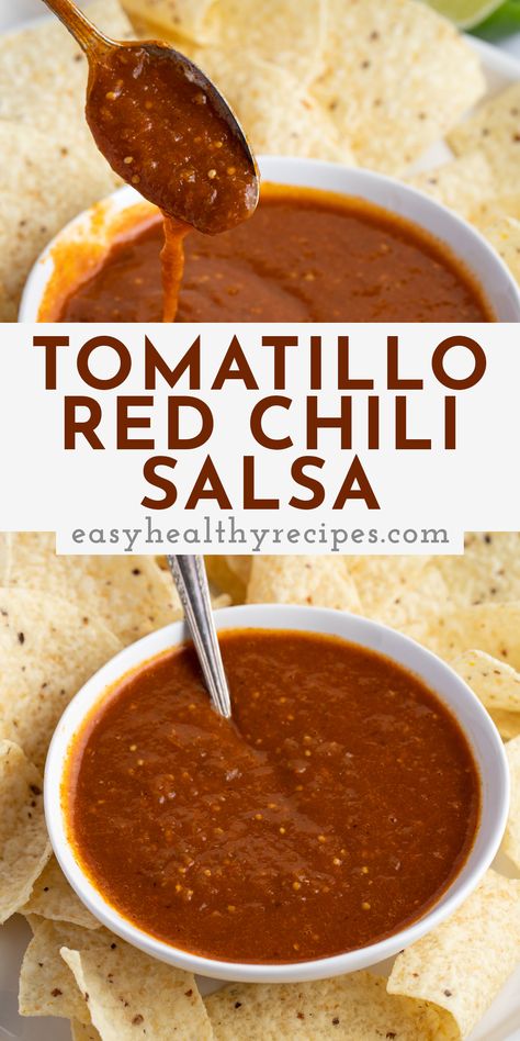 This spicy tomatillo red chili salsa is a perfect homemade version of everyone's favorite hot Chipotle salsa. Charred tomatillos, spicy red chile powder, lime juice, and a little Tabasco create a delightfully flavorful side perfect for tortilla chips, taco salads, or burrito bowls. Red Tomatillo Salsa, Red Chili Salsa Recipe, Tomatillo Red Chili Salsa, Chili Salsa Recipe, Red Chili Salsa, Homemade Corn Chips, Chili's Salsa Recipe, Hot Salsa Recipes, Healthy Sauce Recipes