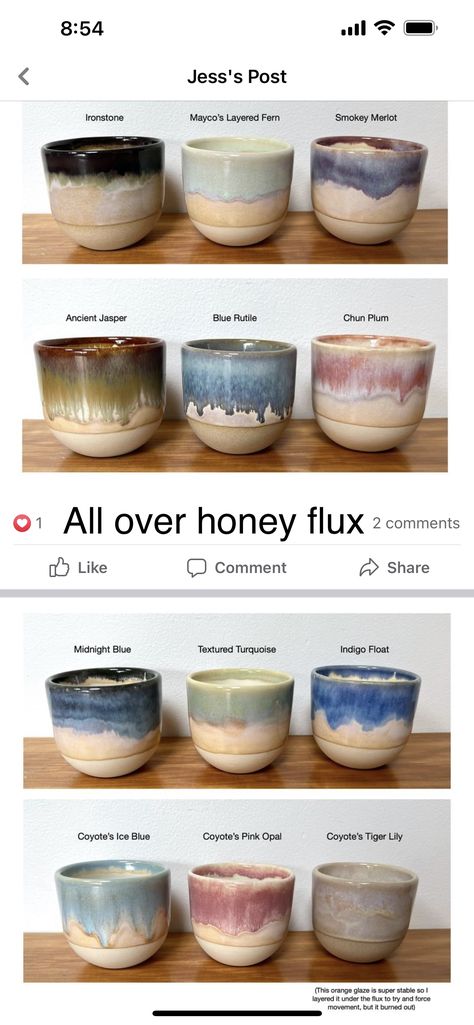 Glaze Amaco Combinations, Best Glaze Combinations Pottery, Pottery Glazing Combinations, Mixing Glazes Ceramics, Honey Flux And Ancient Jasper, Honeyflux Glaze Combination, Come 6 Glaze Recipes, Clay Bowl Glaze Ideas, Kimchi Glaze Pottery