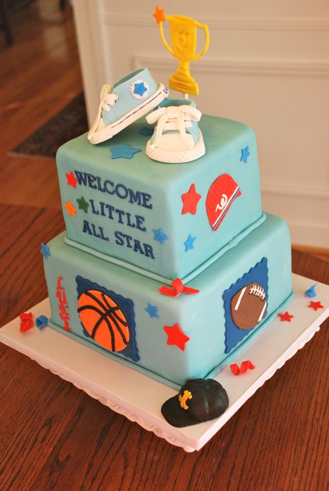 Little all star baby shower cake with asst..sports themes and baby keds. #baby boy sports #sports baby shower Basketball Theme Baby Shower, All Star Baby, Sports Baby Shower Theme, Sports Baby Shower, Sports Baby, Star Boy, Boy Baby Shower Themes, Ideas Baby Shower, Baby Cakes