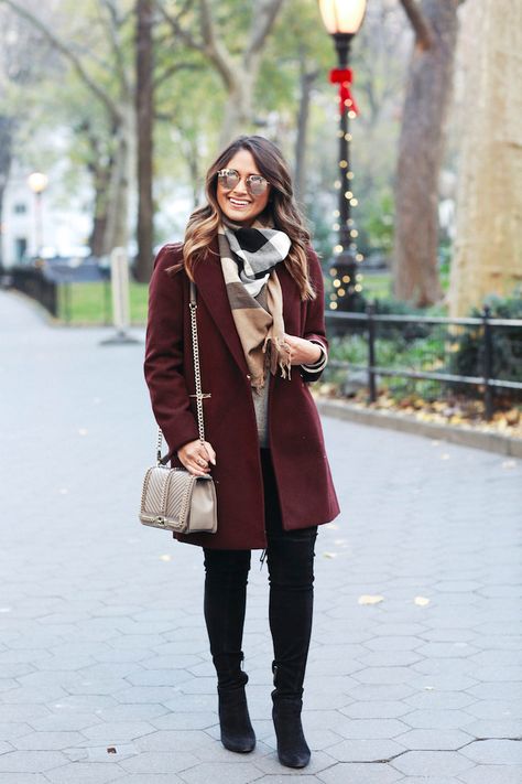 Christmas Day Outfit Ideas - Haute Off The Rack Day Outfit Ideas Summer, Xmas Day Outfit, Xmas Day Outfit Ideas, Burgundy Coat Outfit, Outfit Ideas With Boots, Burgundy Coat, Christmas Outfit Casual, Trendy Christmas Outfits, Day Outfit Ideas