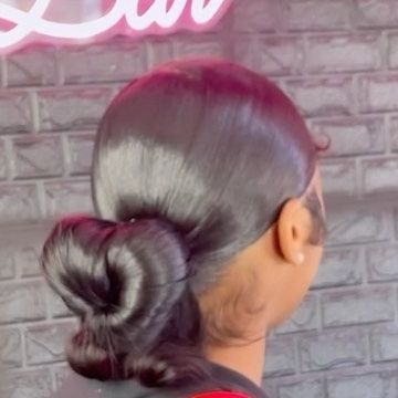 Sleek Heart Bun, Heart Slick Back Bun, Heart Buns Hairstyle Black Women, Heart Bun With Swoop, Heart Shape Ponytail, Heart Shaped Slick Back Bun, Heart Ponytail Hairstyles, One Bun Hairstyles, Heart Shaped Bun Hairstyles