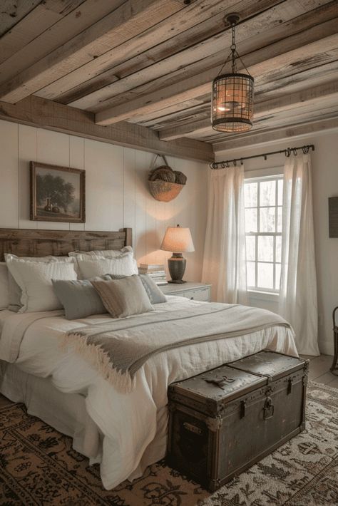 exposed wood farmhouse bedroom