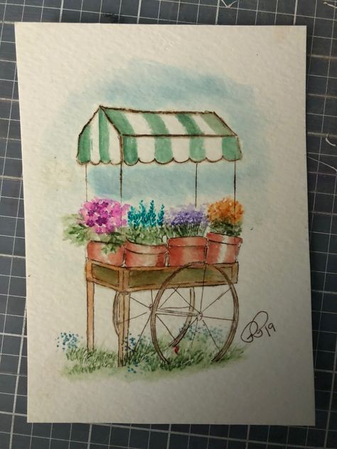 Flower Stand Drawing, Watercolor Homes, Windows Drawing, Watercolour Florals, Handmade Bookmarks Diy, Watercolor Stamps, Art Impressions Cards, Art Impressions Stamps, Flower Cart