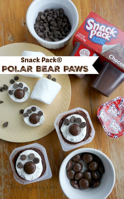 These Polar Bear Paw Snack Pack® Pudding Treats are fun to make (and eat!) with the kids on cold winter days. #SpoonfulOfFun AD Bear Treats, Arctic Vbs, Snack Pack Pudding, Polar Bear Paw, Preschool Cooking, Animal Snacks, Winter Snack, Snack Pack, Preschool Snacks