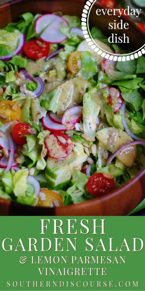 A fresh, colorful Southern Garden Salad is the perfect everyday side dish. Loaded with fresh tomatoes, garden cucumbers, red onion, radishes and sunflower seeds, it’s right for every night of the week. Homemade croutons and a simple, tangy Lemon Parmesan vinaigrette only make it better! Fresh Garden Salad Recipes, Quick Side Salad, Summer Garden Salad Recipes, Fresh Garden Salad Ideas, Side Salad Recipes Simple, Fresh Garden Lettuce Salad Recipes, Easy Salad Side Dishes, Simple Greens Salad, Brunch Side Salad