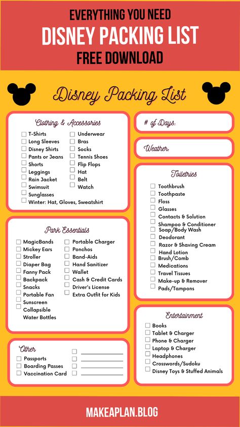 Disneyworld Checklist Packing Lists, What To Pack For A Day At Disneyland, Disney World Checklist Packing Lists, Disney Trip Checklist, Essentials For Disney World, Disney Packing Checklist, Disneyland Checklist Packing Lists, Disney Packing List Families Free Printable, Disney Trip Planning Packing Lists