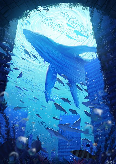 Underwater City, Underwater Art, Whale Art, A Whale, Arte Inspo, Fantasy Art Landscapes, Fantasy Concept Art, Blue Whale, 판타지 아트