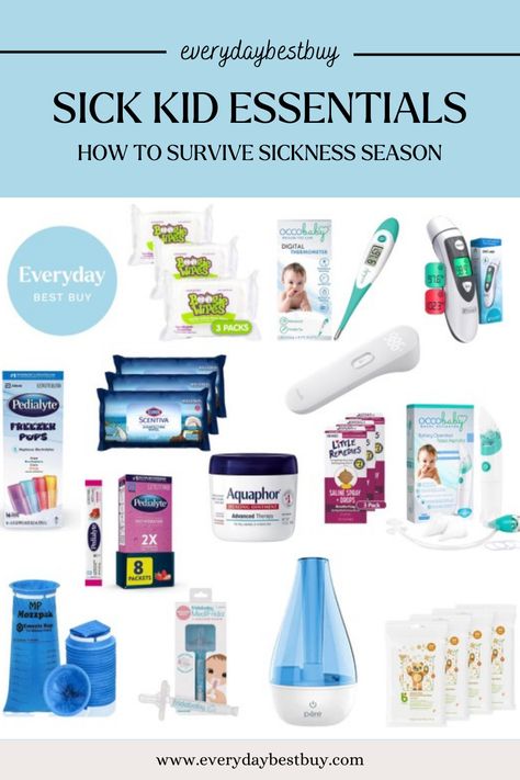 It seems as though it starts earlier and earlier each Fall and can catch us by surprise. Having sick kids is so hard on a parent and the last thing you need on your plate is worrying about going out to buy the essentials to care for your kids. Beyond the medication and doses of Motrin, here are some essentials that can help make your children more comfortable when they aren't feeling their best and you equipped with the tools to help them. Hang in there! Sick Kit, Sick Day Essentials, Nursing Friendly Clothes, Sick Toddler, Medicine Kit, Seasonal Cleaning, Bathroom Toys, Thanksgiving Books, Sick Day