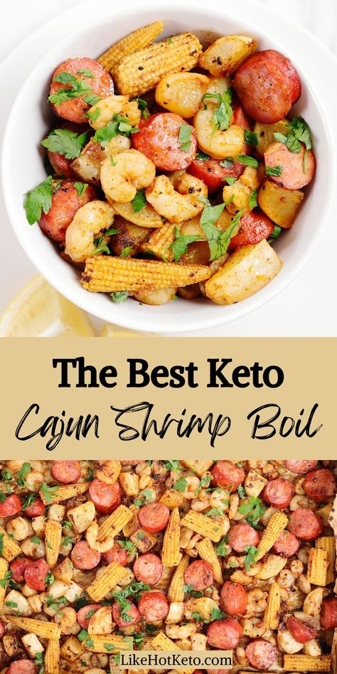 Keto shrimp boil with andouille sausages, turnips and baby corn garnished with chopped parsley. Mardi Gras Recipe, Shrimp Boil In Oven, Low Carb Cajun, Seafood Boil Recipe, Sheet Pan Shrimp Boil, Pan Shrimp Boil, Low Carb Shrimp Recipes, Shrimp Boil Recipe, Sheet Pan Shrimp