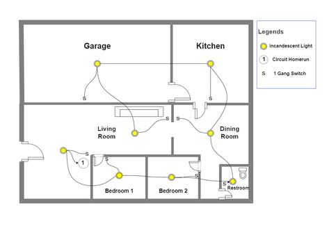 This is a diagram illustrating the house's basic lighting layout. There are mainly seven sections in the house, which are the garage, kitchen, dining room, living room, restroom, and two bedrooms. A lighting layout plan can show the ideal lighting for your home. It can help illuminate your home in the most efficient way. Electric Plan For House, Lighting Layout Floor Plans, Electric Plan Layout, Electrical Plan For House, Electrical Layout Plan Home, Drawing Lighting, Simple Floor Plans, Lighting Layout, Garage Kitchen