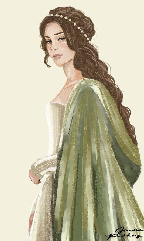 This painting is full of earth tones that compliment each other. I like how the green cloak draws in her dark hair and the white headband matches her dress. Astoria Greengrass Fanart, Astoria Malfoy, Astoria Greengrass, Lost Princess, Alicent Hightower, Arte Van Gogh, Character Creator, Arte Sketchbook, Throne Of Glass