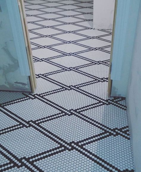 Penny Tile And Marble Bathroom, Penny Tile Floor Pattern, Penny Tile Patterns Floor, Modern Penny Tile, Bathroom Penny Tile Floor, Penny Tile Words, Bathroom Penny Tile, Penny Tile Patterns, Penny Tile Design