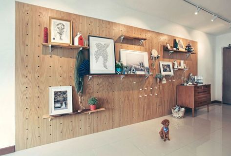 Pegboard and Dowels in a 4-room HDB flat | HelloEmbryo Alternatives To Drywall, Pegboard Wall, Textured Wall Panels, Renovation Budget, Wall Panel Design, Small Space Storage, Studio Interior, Vertical Storage, Built In Wardrobe