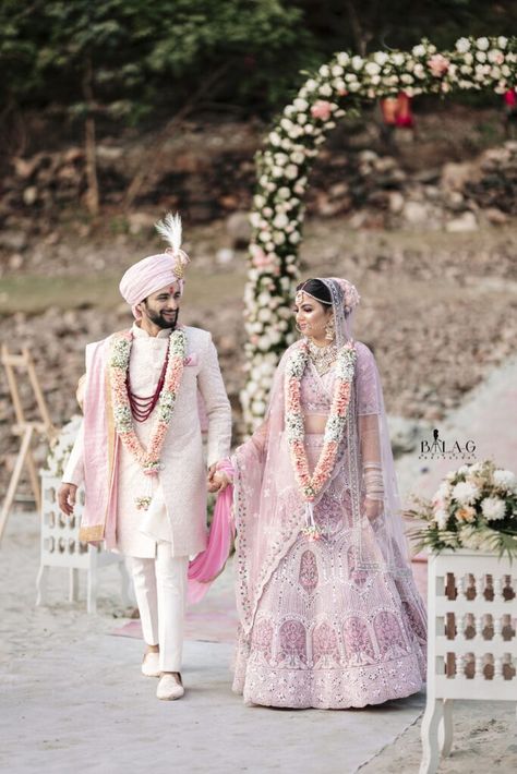 Sherwani And Lehenga Combo, Bride Groom Outfits Indian Wedding, Haldi Outfit Ideas For Groom, Groom Outfits Indian, Bride And Groom Wedding Outfit, Rishikesh Wedding, Haldi Outfits For Bride, Indian Beach Wedding, Groom Indian Wedding Outfits