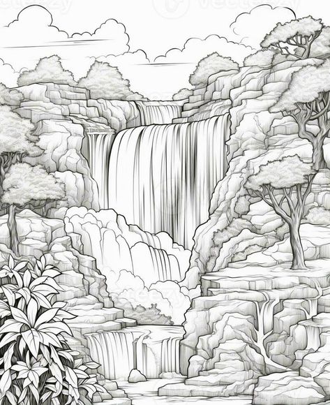 a drawing of a waterfall with trees and bushes in the background. generative ai. Perspective Landscape Drawing, Fantasy World Drawing, Fantasy Landscape Drawing, Waterfall Scenery Drawing, Waterfall Sketch, Ground Drawing, Graphics Architecture, Waterfall Drawing, Landscape Drawing Tutorial