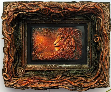 This picture frame is actually just the coolest idea. I have never seen anything even remotely like it. I definitely feel like papier-mâché is underrated. This is a true example of what can ... Narnia Room, Narnia Aslan, Cardboard Picture Frames, Paper Mache Projects, Paper Art Sculpture, Collage Book, Layered Art, Paper Mache Sculpture, Paper Mache Art