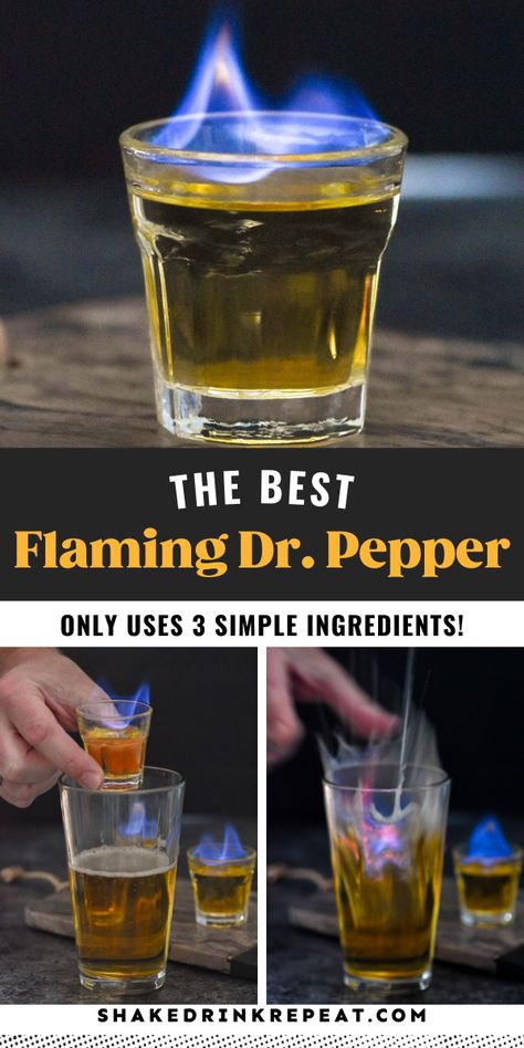 Firefighter Themed Cocktails, Fire Cocktail Drink Recipes, Flaming Drinks Cocktails, Dr Pepper Drink Alcohol, Flaming Dr Pepper Recipes, Dr Pepper Shots, Flaming Cocktails Drink Recipes, Western Party Drinks, Dr Pepper Cocktail Recipes