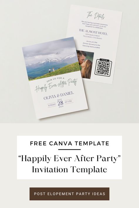 Want a free “happily ever after” invitation template? I’ve got you! This template can be used & easily customized with Canva so you can make it your own.  Read the rest of the blog for even more post elopement party ideas. Post Elopement Party Ideas, Elopement Party Ideas, Post Elopement Party, Creek Photography, Tv Weddings, Backyard Celebration, Elopement Party, Elopement Reception, Adventurous Wedding