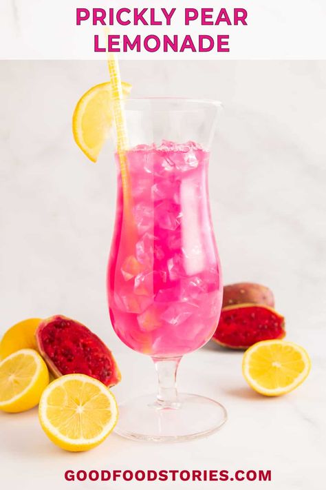 Prickly pear lemonade is a Southwestern version of homemade lemonade. Its bright pink color comes from prickly pear syrup, made from cactus fruit. Enjoy it plain or make it into a cocktail with vodka. Prickly Pear Lemonade Recipe, Pear Lemonade Recipe, Prickly Pear Syrup Recipe, Prickly Pear Lemonade, Pear Lemonade, Prickly Pear Recipes, Cocktail With Vodka, Pear Drinks, Prickly Pear Juice